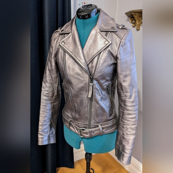 Mackage pewter metallic genuine lamb leather biker jacket, XXS/XS - Picture 2 of 12